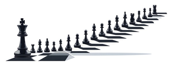 A series of black chess pieces arranged in a line, creating a visual illusion of depth