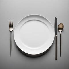 Minimalistic Table Setting with Plate, Fork, and Knife on Gray Background