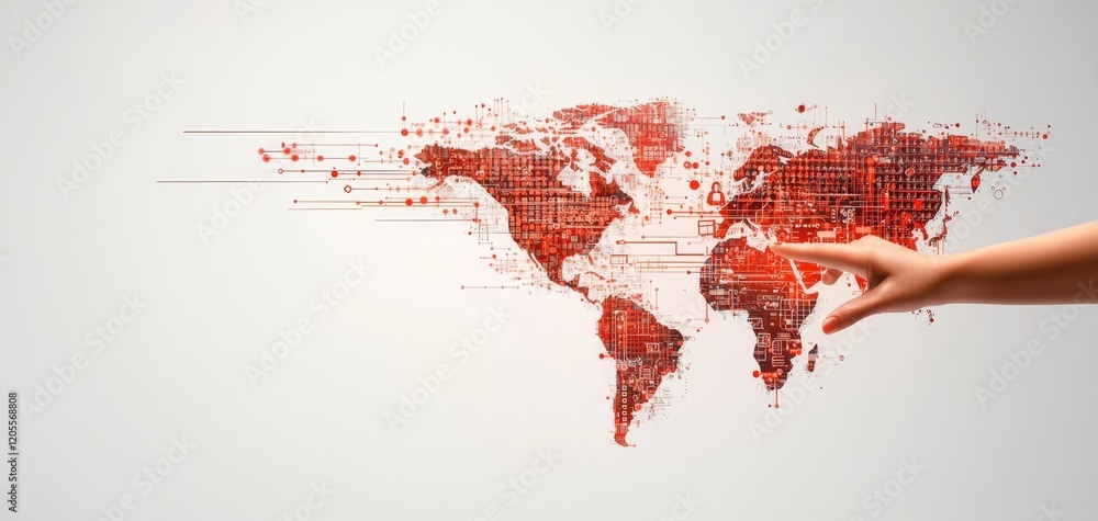 Poster a stylized world map in red tones with a hand reaching toward it, symbolizing interaction and global