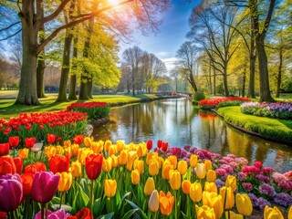 Fototapeta premium Spring Flowers Keukenhof Pond Netherlands Vivid Colors