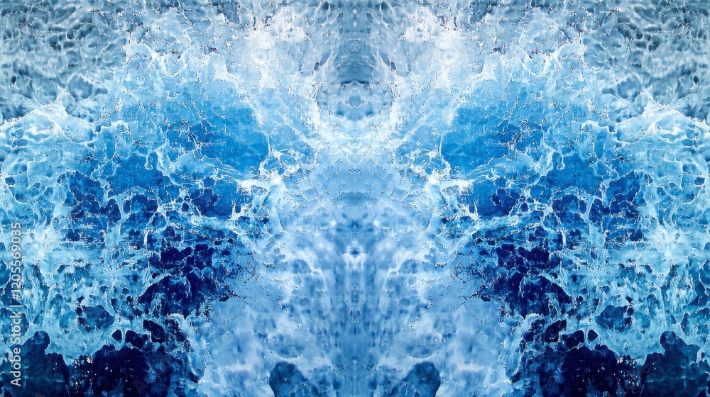 Poster turbulent ocean waves with splashes and foam in dynamic blue tones