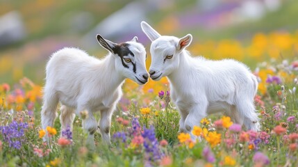 Obraz premium Adorable Young Goats in a Colorful Flower Field in Spring Season