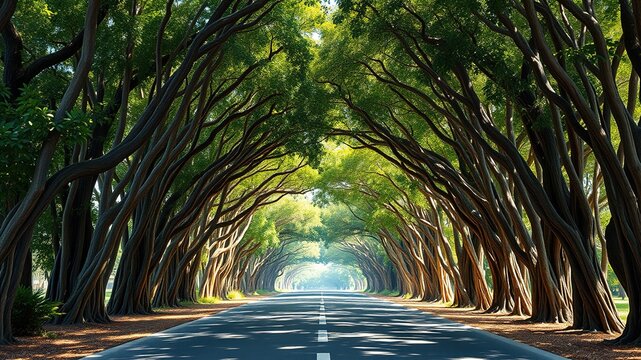 Stuart Florida Banyan Tree Tunnel - Photorealistic AI Art - Sunlight, Lush Canopy, Tropical Paradise