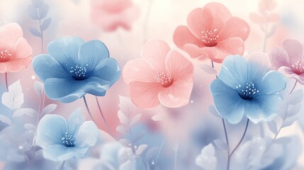 Soft pastel pink and blue flowers.