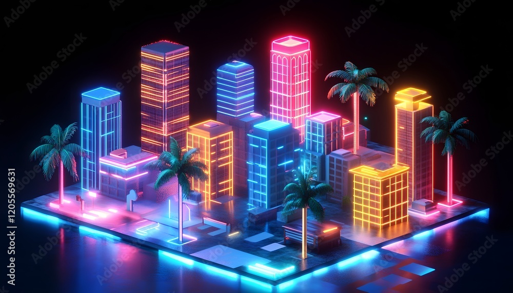 Poster a vibrant 3d cityscape featuring illuminated skyscrapers and palm trees, creating a futuristic and d