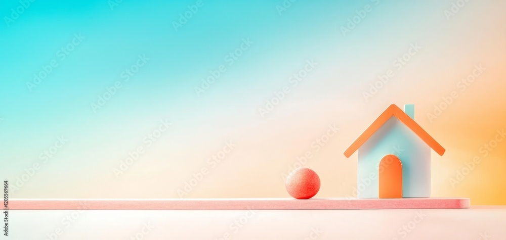 Poster a minimalist scene featuring a small, colorful house beside a round object against a soft gradient b