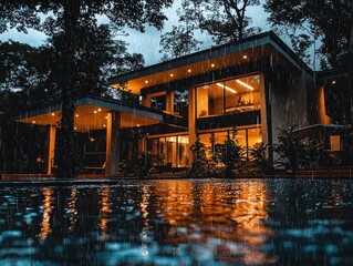 Modern house illuminated at night amid rain in a dense forest setting creating a serene atmosphere. Generative AI