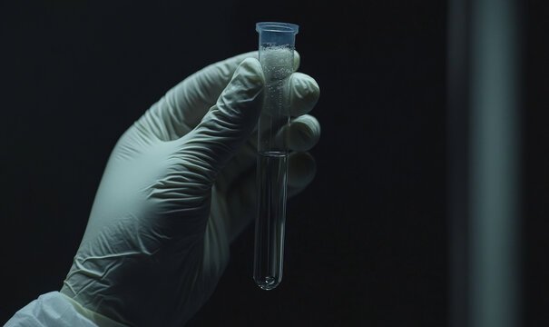 Lab technician holding a test tube with liquid sample in a dimly lit laboratory, showcasing precision and scientific research in a sterile environment