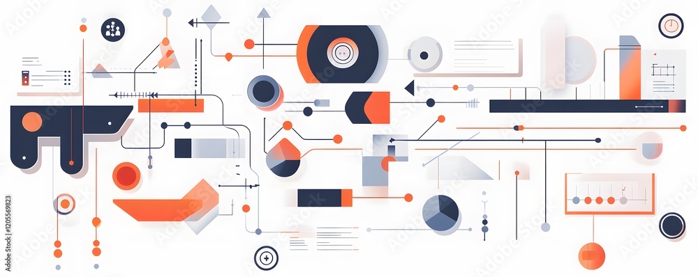 Poster a vibrant abstract composition featuring interconnected geometric shapes and lines in dominant hues 