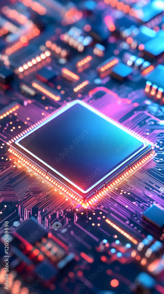 Leinwandbilder Glowing pink and blue CPU illuminating complex silicon circuitry, technological hardware detail with soft bokeh lighting
