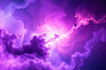An enchanting cosmic scene showcasing vibrant purple and pink clouds interspersed with planets and twinkling stars, evoking a sense of wonder in the universe.

