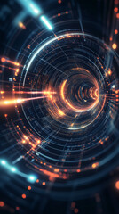Obraz premium Luminous data transmission tunnel glowing with vibrant orange-blue rings, pulsing digital cyberspace network visualization