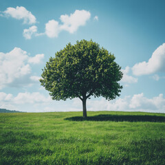 A single tree stands prominently on a mound of dark soil in a plowed field. The tree has lush green leaves and is set against a backdrop of a cloudy sky. The scene evokes a sense of peace and growth i