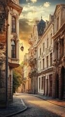 Obraz premium A charming historical street with beautiful architecture and a warm sunset glow.
