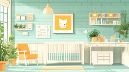 Obraz premium Sunny nursery room with crib, changing table, and plants.