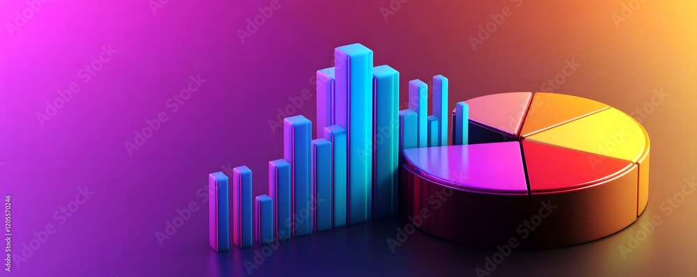 Poster a vibrant and modern data visualization showcasing colorful pie charts and bar graphs against a dyna