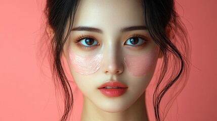 Fototapeta premium Woman applying skincare mask, posing against a soft pink background, promoting beauty and self-care