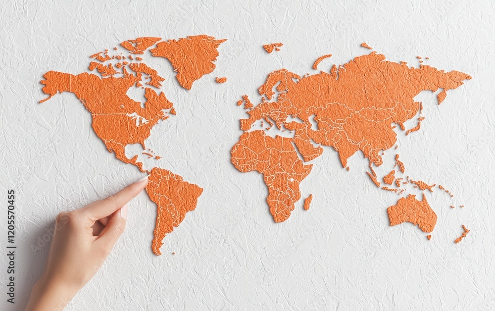 Poster a hand points at an orange world map made of colorful dots, emphasizing global connections and geogr