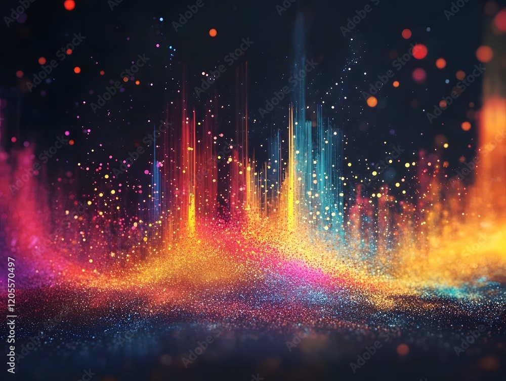 Poster a vibrant digital art piece showcasing colorful sound waves with sparkling particles, creating an en