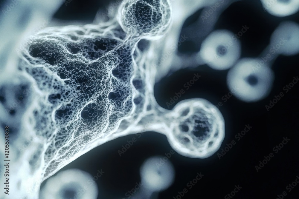 Poster intricate structure of cells with delicate filaments and dark background illumination