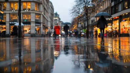 Fototapeta premium People walk along a vibrant city street on a rainy evening, carrying umbrellas. The wet pavement reflects shop lights and festive decorations, creating a lively atmosphere