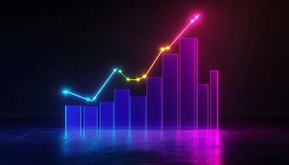 A vibrant neon graph with dynamic bars showing growth and progress. It symbolizes data analysis and successful financial strategies in the contemporary digital landscape.