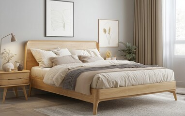 Scandinavian-inspired bedroom with a light wood bed frame, two floating nightstands, and soft linen bedding in earthy tones