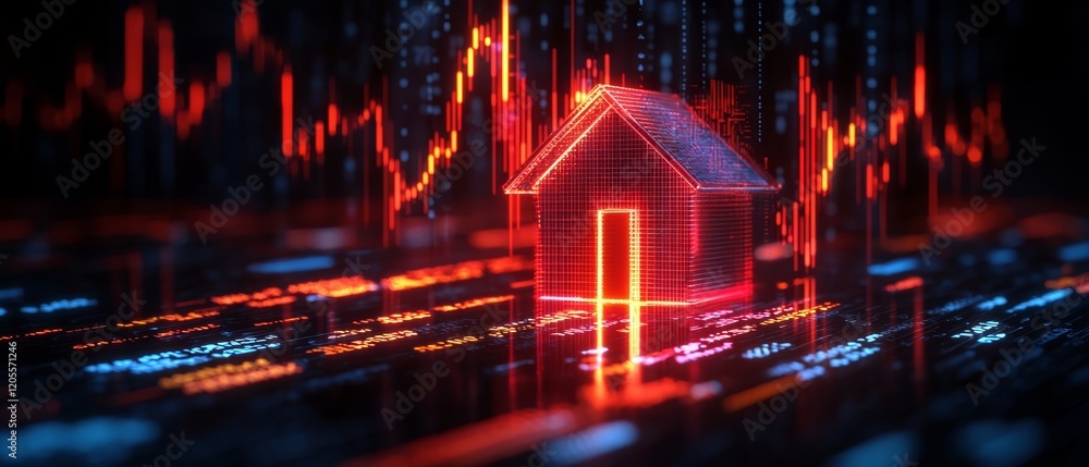 Poster the image features a digital house icon illuminated in red, set against a backdrop of abstract finan