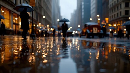 Fototapeta premium Crowds move along a wet city street during dusk, carrying umbrellas. The reflections shimmer on the pavement as lights from buildings and vehicles create a vibrant atmosphere