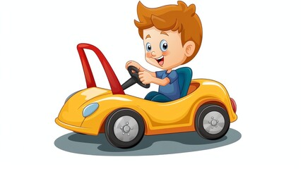 Naklejka premium A cartoon boy driving a toy car.