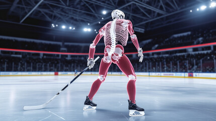 Ice hockey player skeletal anatomy visualization shows biomechanics of athletic performance in professional sports stadium arena