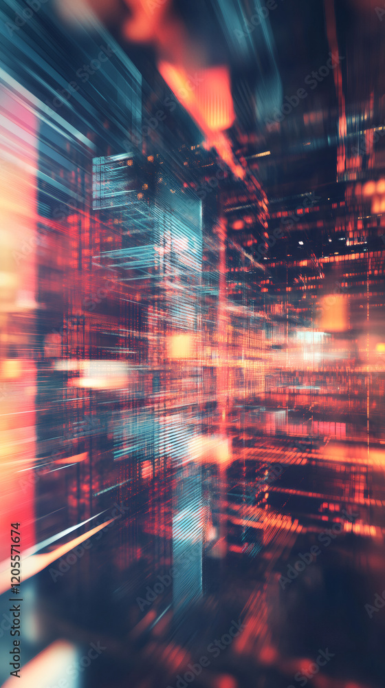 Poster light trails and glowing lines create an abstract representation of technological advancement and da