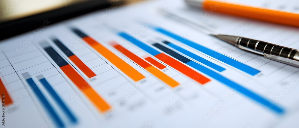 Poster close-up of a financial report with colorful bar graphs and a pen, illustrating data analysis and pe