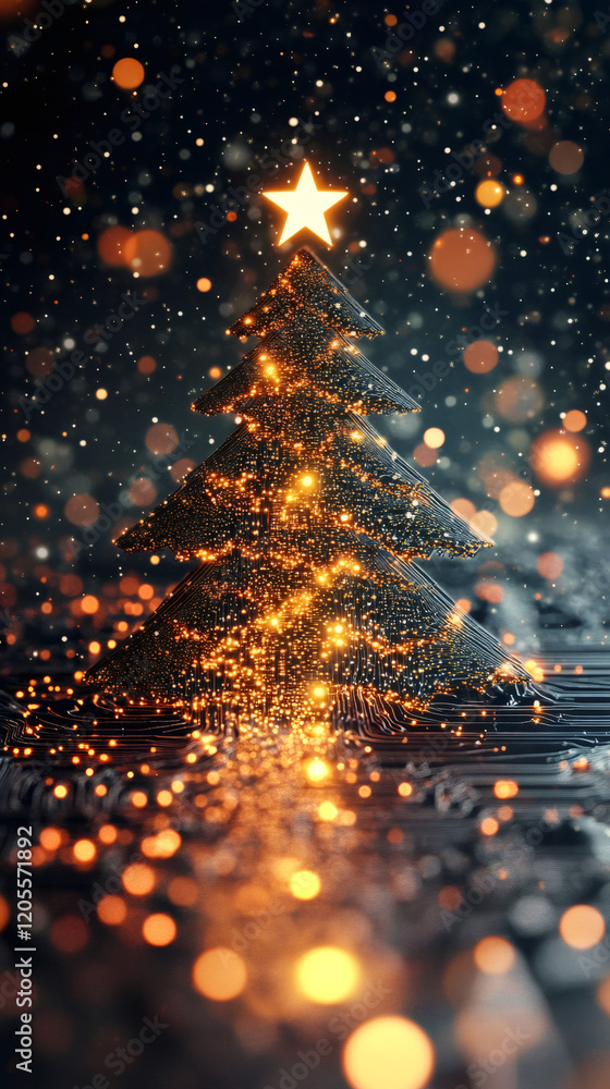 Poster Abstract christmas tree with glowing particles growing from circuit board with falling snow and beautiful bokeh in the background