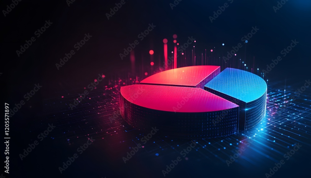 Poster futuristic digital pie chart with vibrant blue and red segments, highlighting data visualization in 