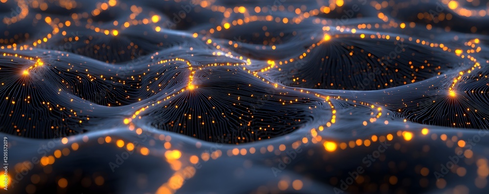 Poster this abstract image features a stunning network of glowing points of light across a dark, textured s