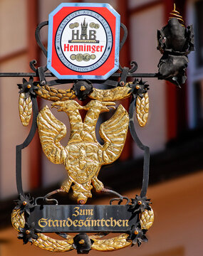 Henninger's Brewery coat, a beer made in Frankfurt Am Main since 1869.  Germany, 2016