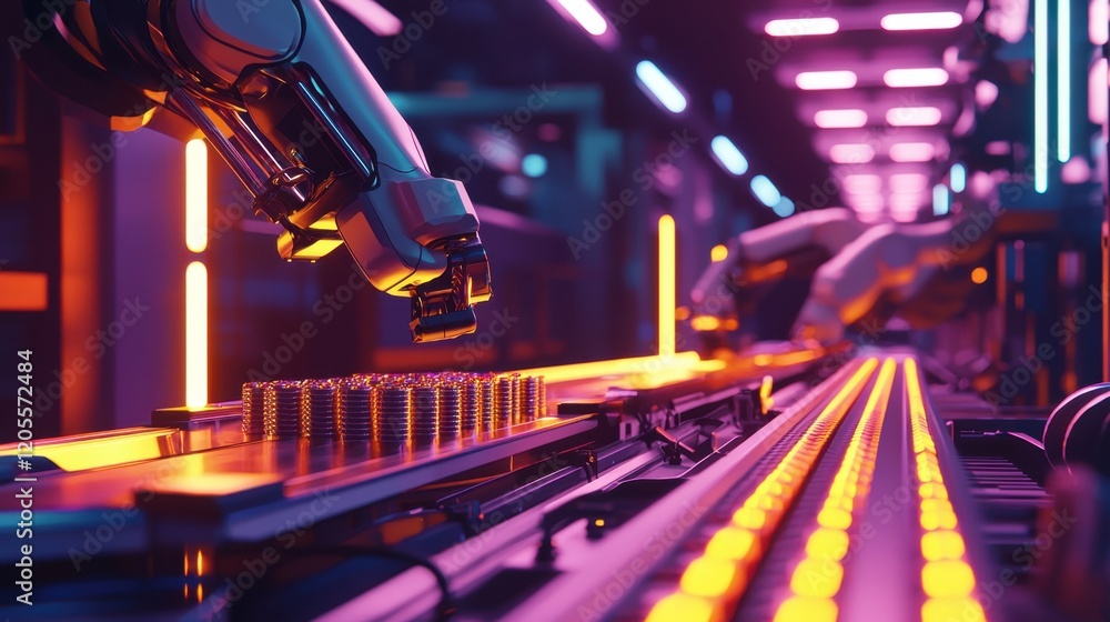 Poster advanced robotic technology is seen assembling electronic components on a conveyor belt in a factory