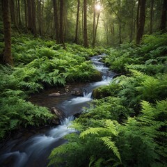 "A tranquil forest glade with a bubbling stream running through, surrounded by vibrant ferns and blooming flowers."