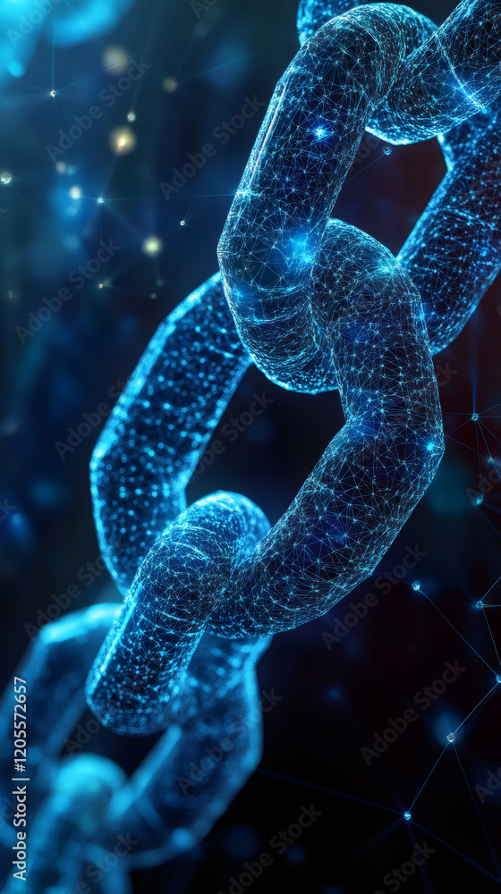 Poster luminous blue polygonal chain connecting digital nodes, symbolizing blockchain security and worldwid