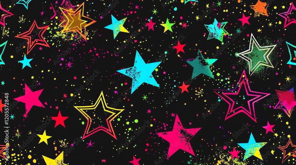 Poster a repeating pattern of colorful stars on a black background.