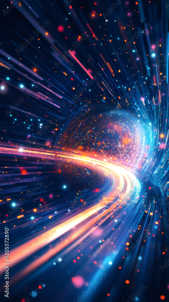 Aufkleber Colorful light trails swirling around a glowing sphere during a hyperspace jump through space and time