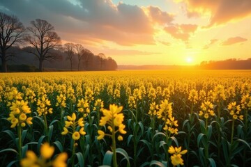 Fototapeta premium Golden light of sunrise on a winter rapeseed field with frosty grass and bare trees, harvest, natural