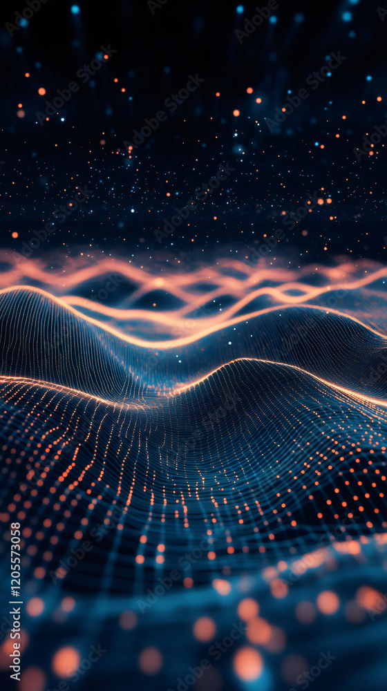 Aufkleber digital particles swirling across dark wireframe landscape, representing technological complexity an