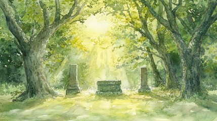 Obraz premium Sunlight breaks through the canopy, casting a golden glow on ancient stone monuments within a tranquil forest glade. The atmosphere is peaceful and enchanting, inviting exploration