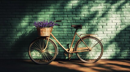 A rustic bicycle adorned with lavender in its basket, set against a green brick wall with gentle shadows.