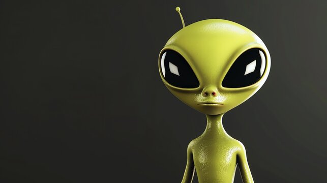 A green alien with large black eyes looks directly at the camera.