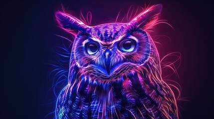 A creative abstract owl in neon tones with exaggerated details and bold, high-contrast design, framed on a sleek black background.