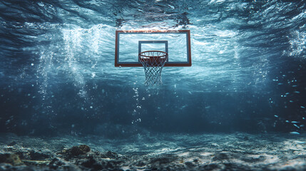 A basketball hoop submerged underwater, creating a surreal and dreamlike scene, during a creative concept shoot