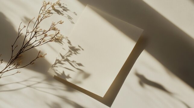 Minimalist wedding invitation mockup with dried branch casting a shadow on a white background